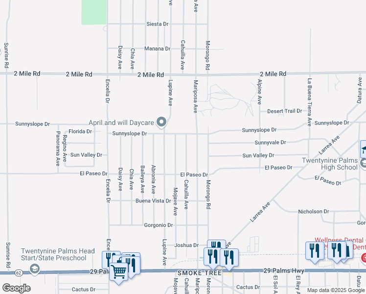 map of restaurants, bars, coffee shops, grocery stores, and more near 5988 Cahuilla Avenue in Twentynine Palms