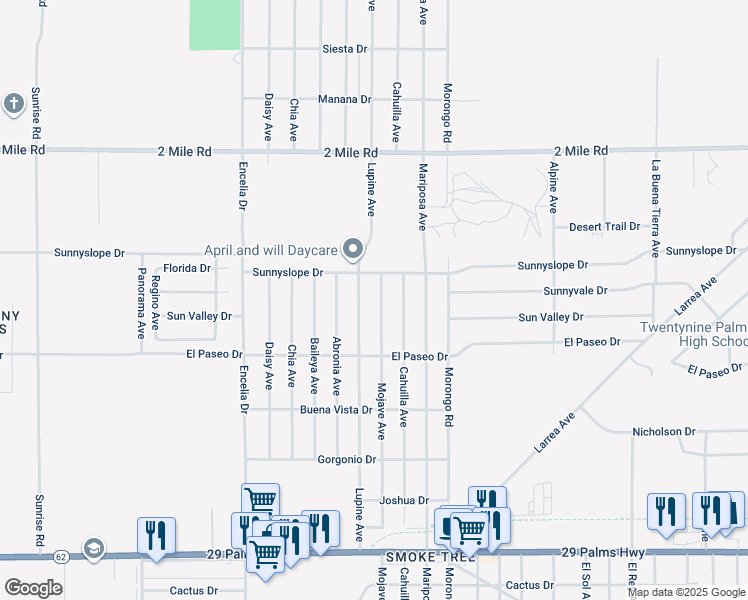 map of restaurants, bars, coffee shops, grocery stores, and more near 5986 Mojave Avenue in Twentynine Palms