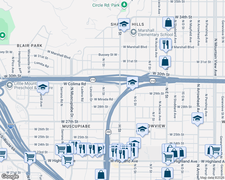 map of restaurants, bars, coffee shops, grocery stores, and more near 832 West 29th Street in San Bernardino