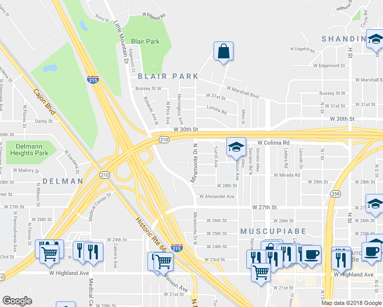 map of restaurants, bars, coffee shops, grocery stores, and more near 1298 West 29th Street in San Bernardino