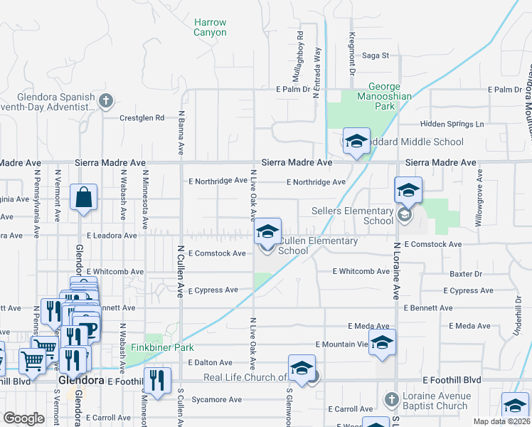 map of restaurants, bars, coffee shops, grocery stores, and more near 743 East Virginia Avenue in Glendora