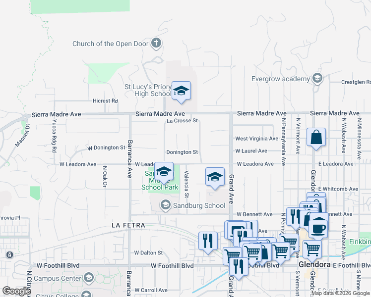 map of restaurants, bars, coffee shops, grocery stores, and more near 548 Valencia Street in Glendora
