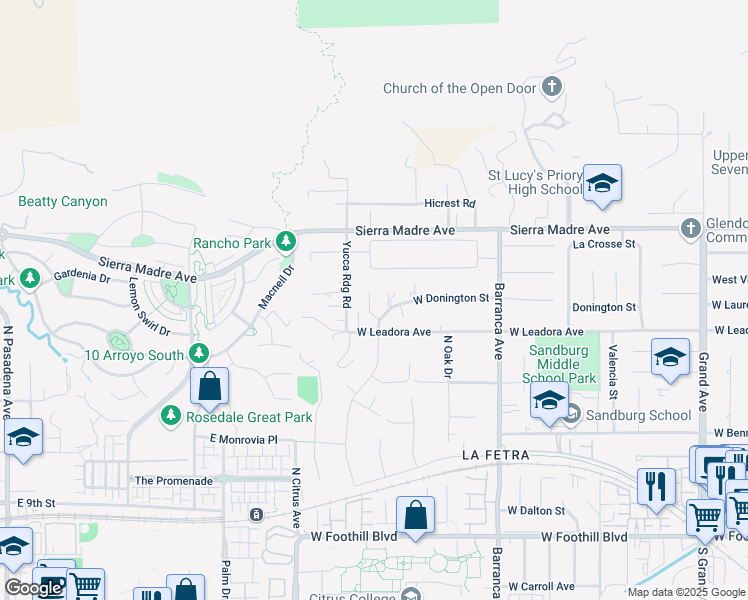 map of restaurants, bars, coffee shops, grocery stores, and more near 18627 West Leadora Avenue in Glendora