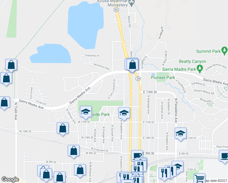 map of restaurants, bars, coffee shops, grocery stores, and more near 350 West Annandale Lane in Azusa