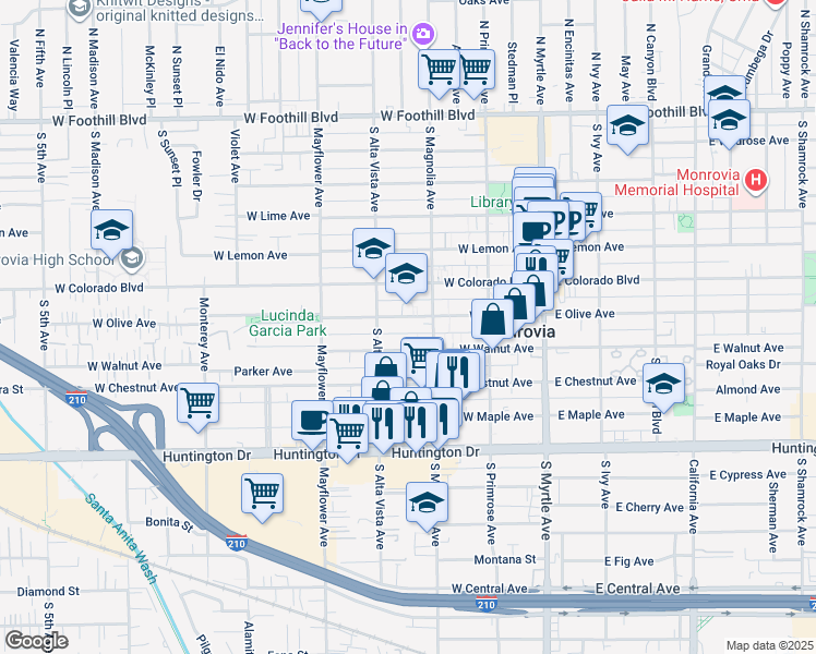 map of restaurants, bars, coffee shops, grocery stores, and more near 328 West Olive Avenue in Monrovia