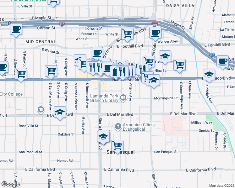 map of restaurants, bars, coffee shops, grocery stores, and more near 2468 Mohawk Street in Pasadena