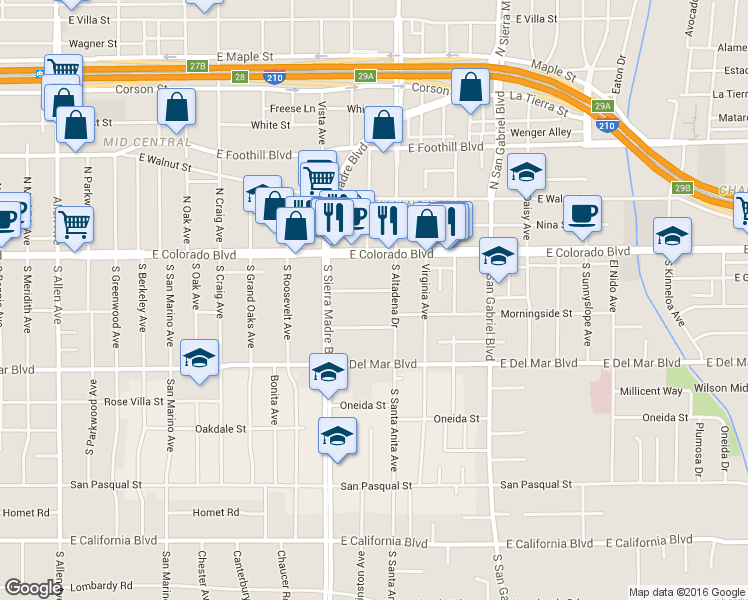 map of restaurants, bars, coffee shops, grocery stores, and more near 2468 Mohawk Street in Pasadena