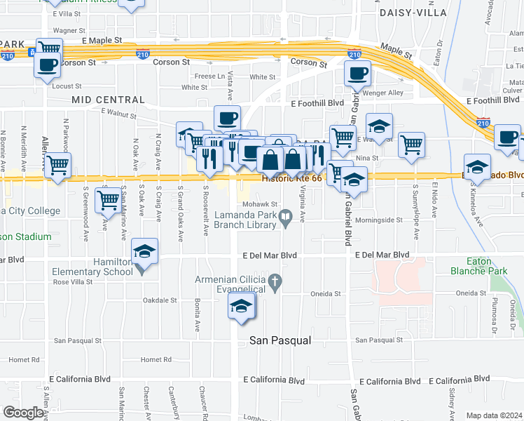 map of restaurants, bars, coffee shops, grocery stores, and more near 2468 Mohawk Street in Pasadena