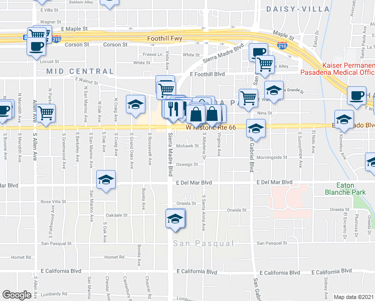 map of restaurants, bars, coffee shops, grocery stores, and more near 2468 Mohawk Street in Pasadena