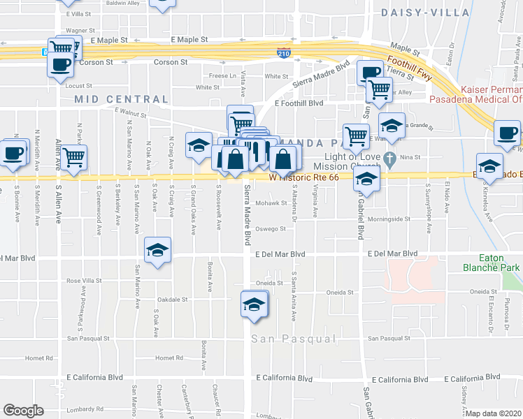 map of restaurants, bars, coffee shops, grocery stores, and more near 2396 Mohawk Street in Pasadena