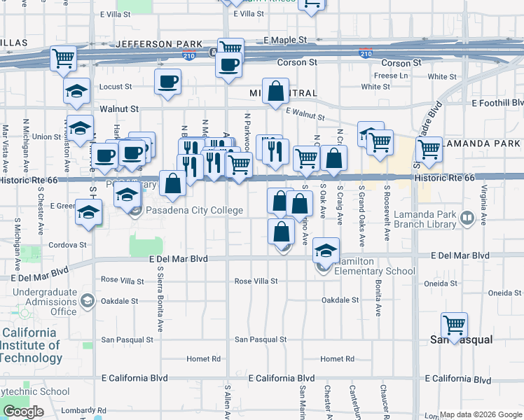 map of restaurants, bars, coffee shops, grocery stores, and more near 80 South Parkwood Avenue in Pasadena