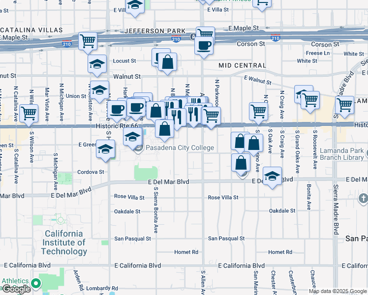 map of restaurants, bars, coffee shops, grocery stores, and more near 80 South Meridith Avenue in Pasadena