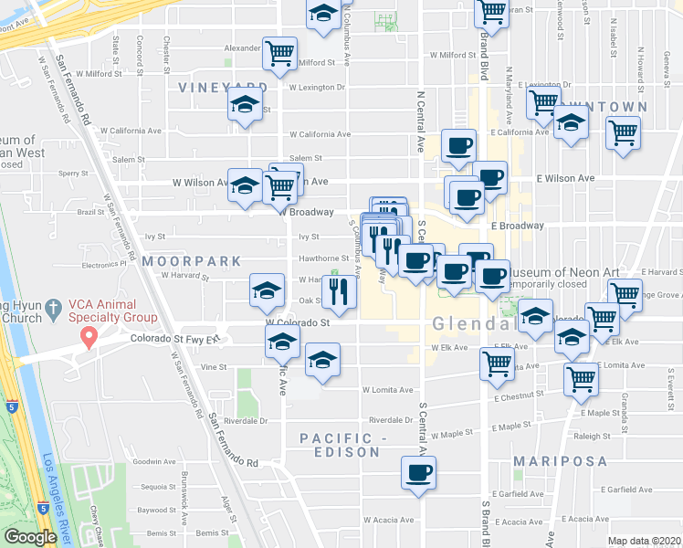 map of restaurants, bars, coffee shops, grocery stores, and more near 409 West Harvard Street in Glendale