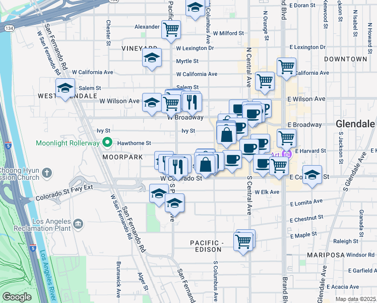 map of restaurants, bars, coffee shops, grocery stores, and more near 449 West Harvard Street in Glendale