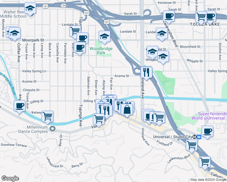 map of restaurants, bars, coffee shops, grocery stores, and more near 11170 Aqua Vista Street in Los Angeles