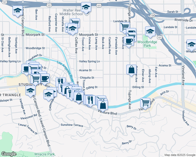 map of restaurants, bars, coffee shops, grocery stores, and more near 11565 Chiquita Street in Los Angeles