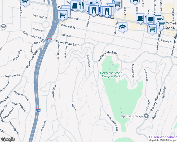 map of restaurants, bars, coffee shops, grocery stores, and more near 15047 Rayneta Drive in Los Angeles
