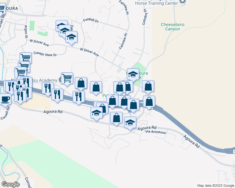map of restaurants, bars, coffee shops, grocery stores, and more near 5250 Colodny Drive in Agoura Hills