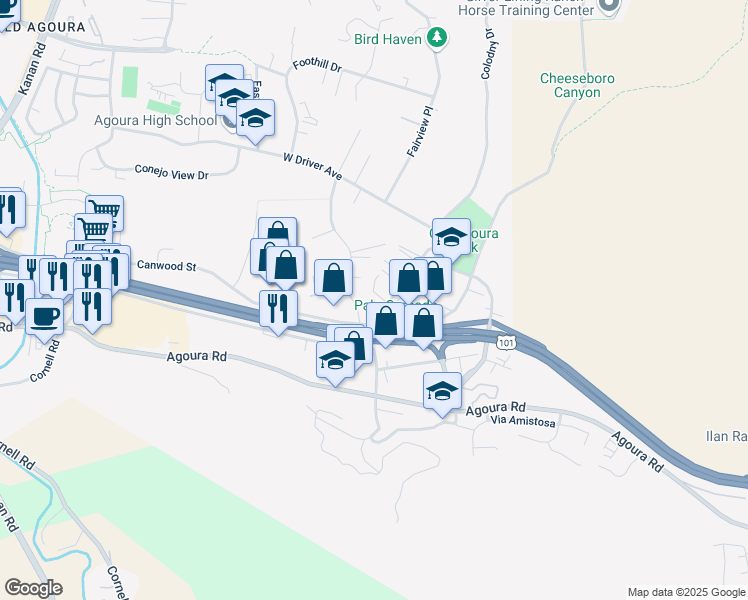 map of restaurants, bars, coffee shops, grocery stores, and more near 5241 Colodny Drive in Agoura Hills