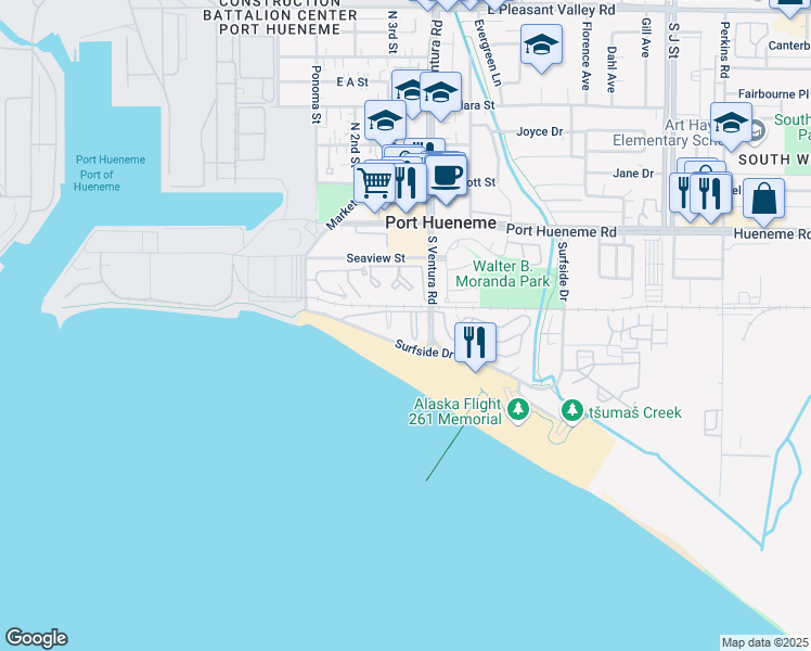 map of restaurants, bars, coffee shops, grocery stores, and more near 323 East Surfside Drive in Port Hueneme