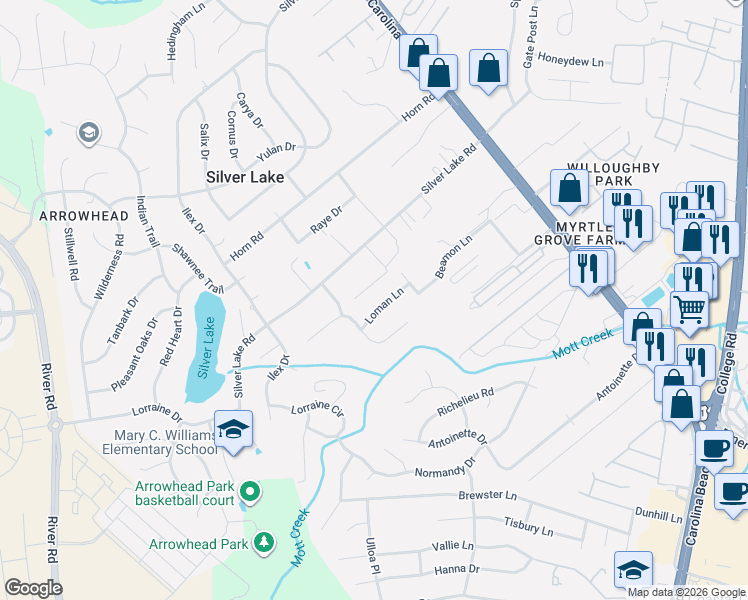 map of restaurants, bars, coffee shops, grocery stores, and more near 15 Silver Lake Road in Wilmington
