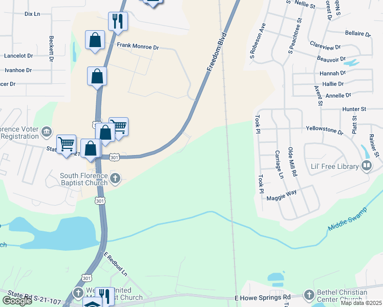 map of restaurants, bars, coffee shops, grocery stores, and more near 2350 Freedom Boulevard in Florence