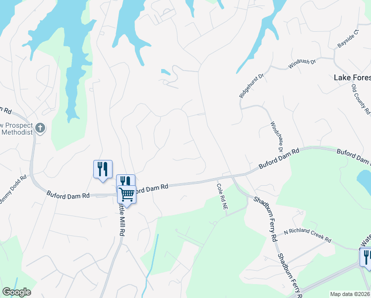 map of restaurants, bars, coffee shops, grocery stores, and more near 2371 Royal Pembroke Lane in Buford