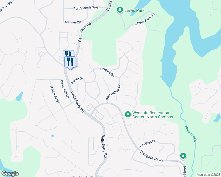 map of restaurants, bars, coffee shops, grocery stores, and more near 2002 Fairbrook Lane in Woodstock