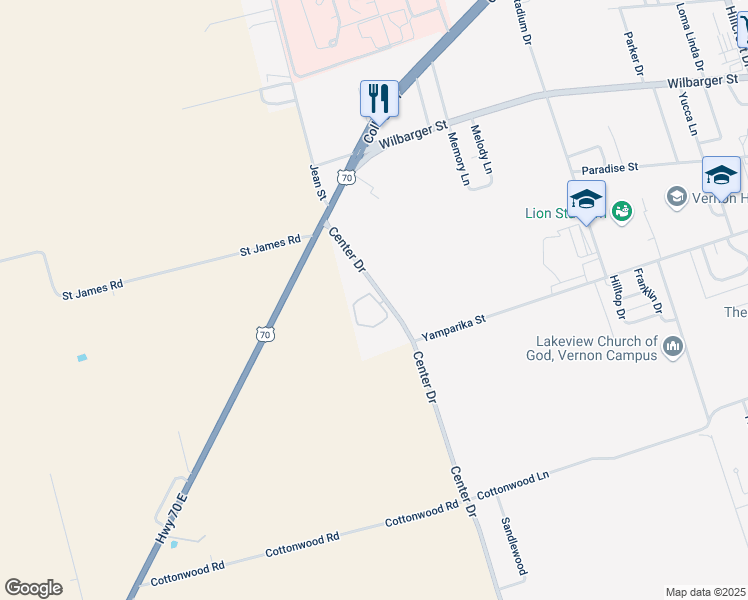 map of restaurants, bars, coffee shops, grocery stores, and more near 2100 Center Drive in Vernon