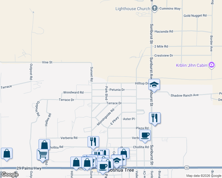 map of restaurants, bars, coffee shops, grocery stores, and more near 61822 Petunia Drive in Joshua Tree