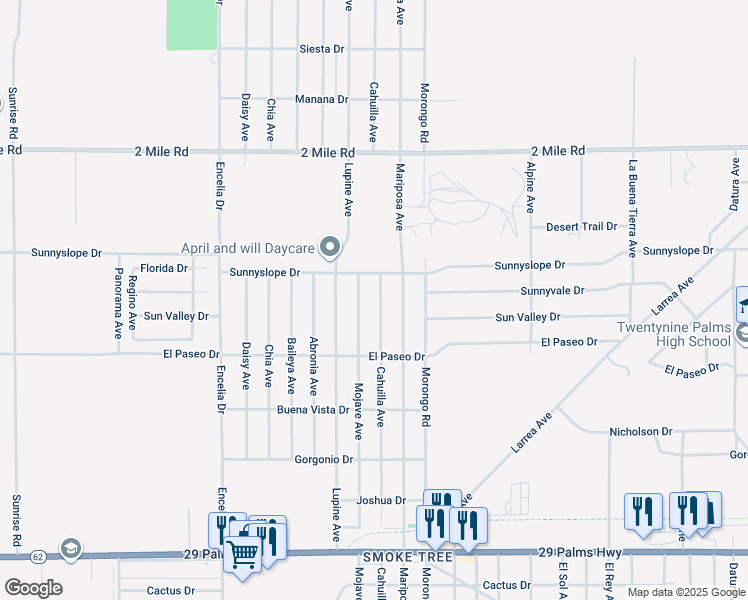 map of restaurants, bars, coffee shops, grocery stores, and more near 5988 Cahuilla Avenue in Twentynine Palms