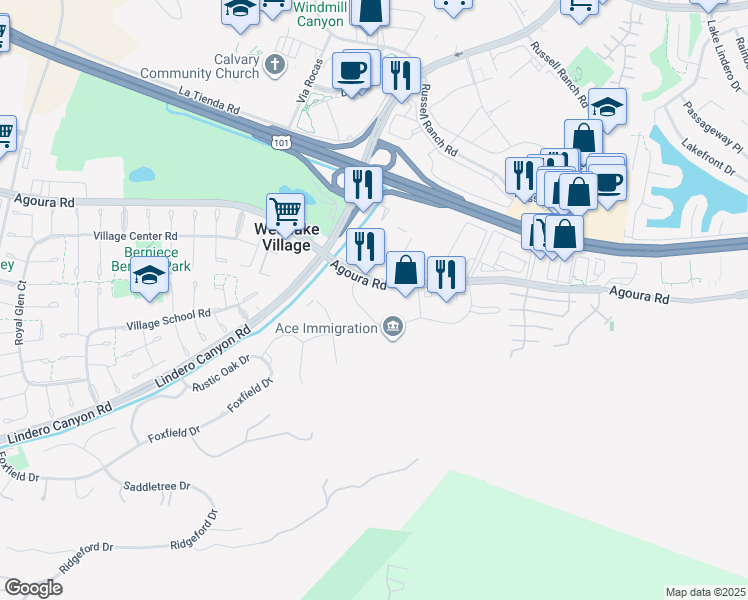 map of restaurants, bars, coffee shops, grocery stores, and more near 31365 Oak Crest Drive in Westlake Village