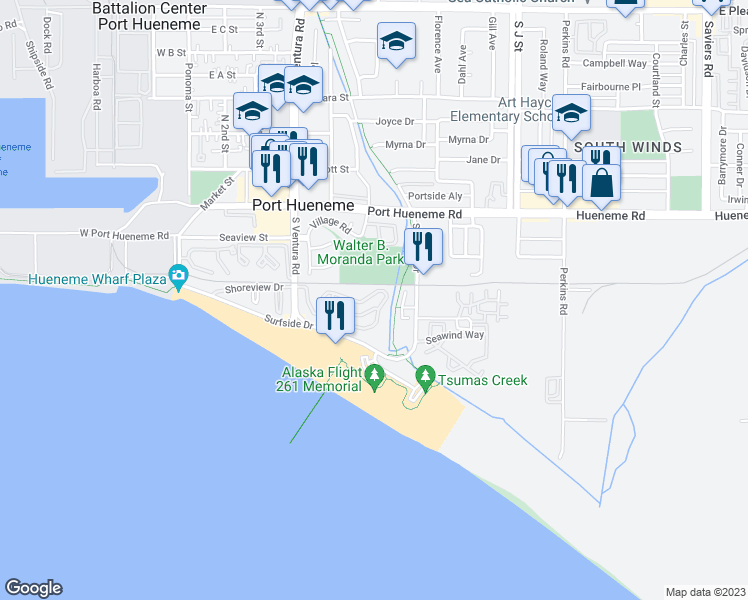 map of restaurants, bars, coffee shops, grocery stores, and more near 726 Island View Circle in Port Hueneme