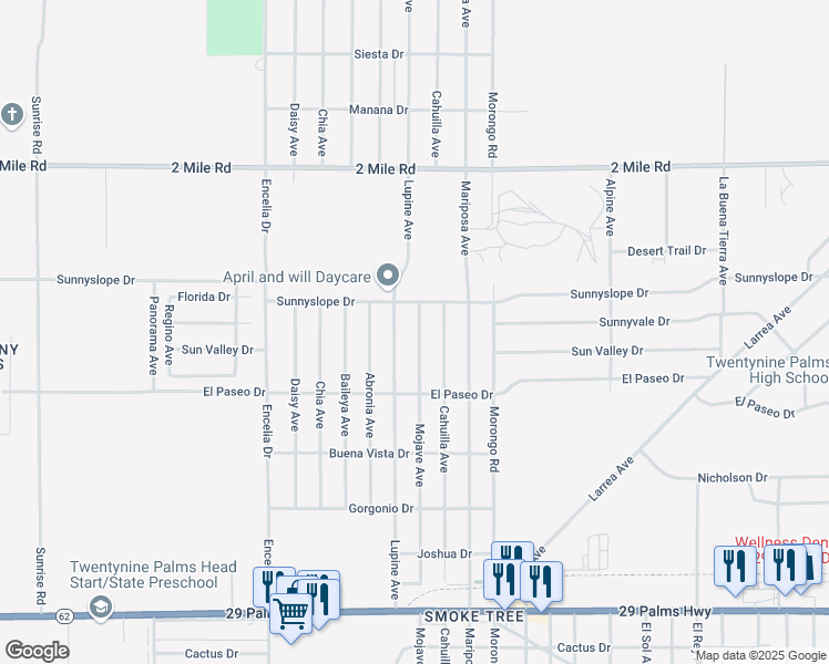 map of restaurants, bars, coffee shops, grocery stores, and more near 5986 Mojave Avenue in Twentynine Palms