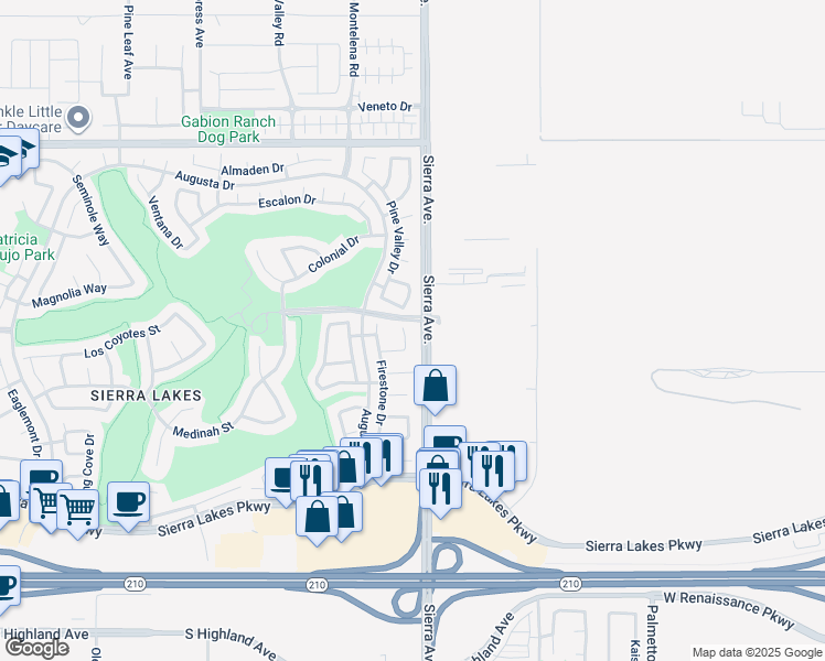 map of restaurants, bars, coffee shops, grocery stores, and more near 6027 Camargo Place in Fontana