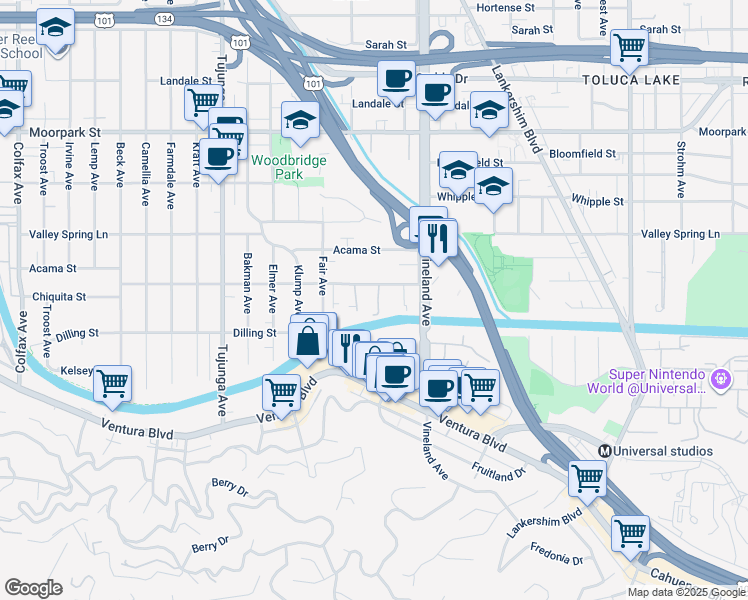 map of restaurants, bars, coffee shops, grocery stores, and more near 11116 Aqua Vista Street in Los Angeles