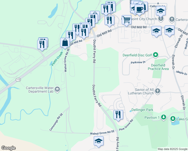 map of restaurants, bars, coffee shops, grocery stores, and more near 347 Douthit Ferry Road in Cartersville