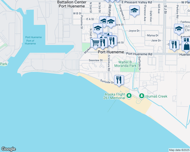 map of restaurants, bars, coffee shops, grocery stores, and more near 231 East Surfside Drive in Port Hueneme