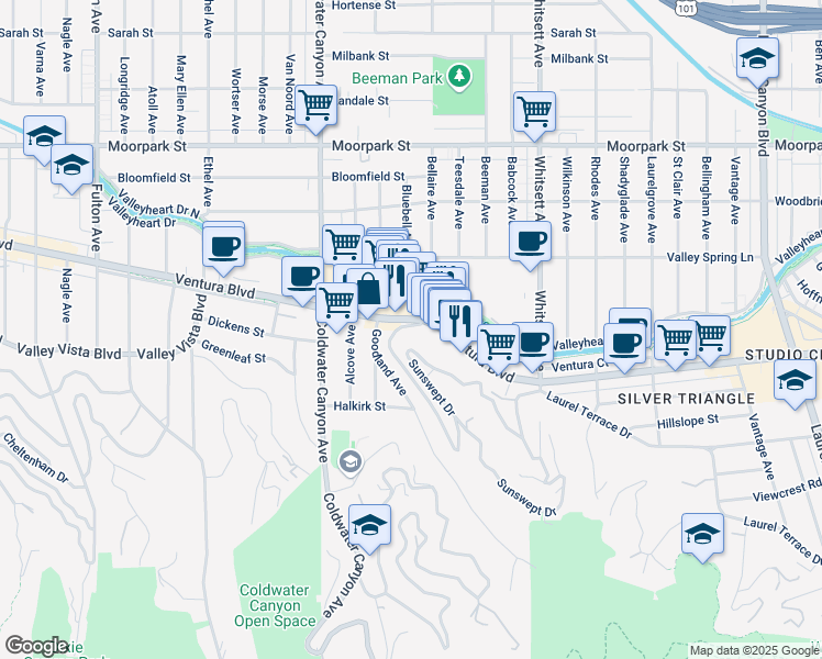 map of restaurants, bars, coffee shops, grocery stores, and more near 12700 Ventura Boulevard in Los Angeles