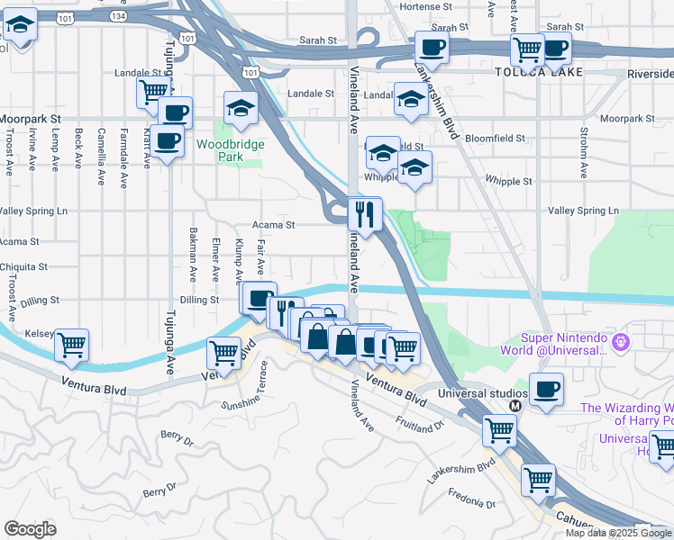 map of restaurants, bars, coffee shops, grocery stores, and more near 11022 Aqua Vista Street in Los Angeles