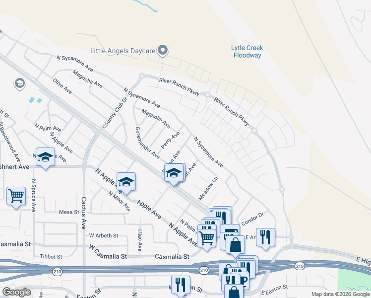 map of restaurants, bars, coffee shops, grocery stores, and more near 19693 Rowan Avenue in Rialto