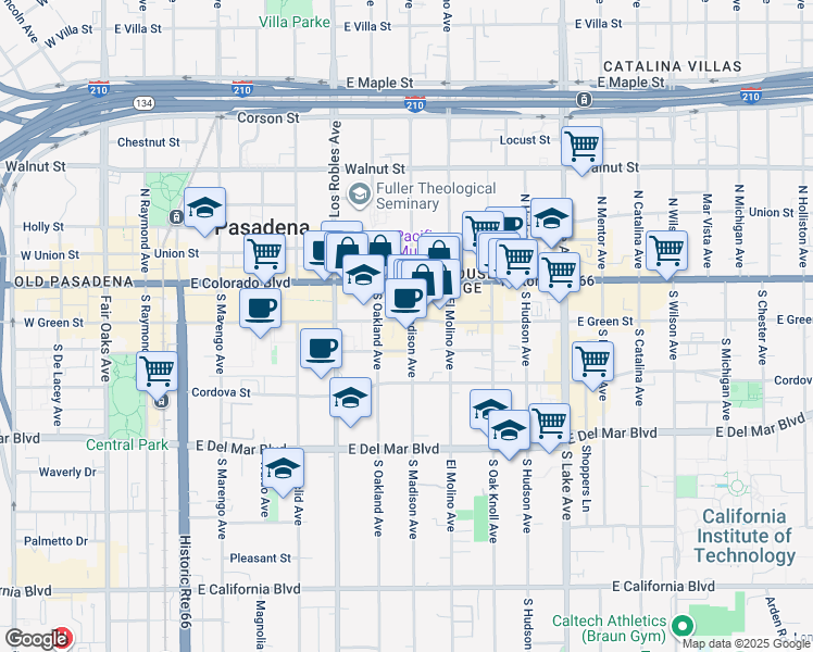 map of restaurants, bars, coffee shops, grocery stores, and more near 570 East Green Street in Pasadena