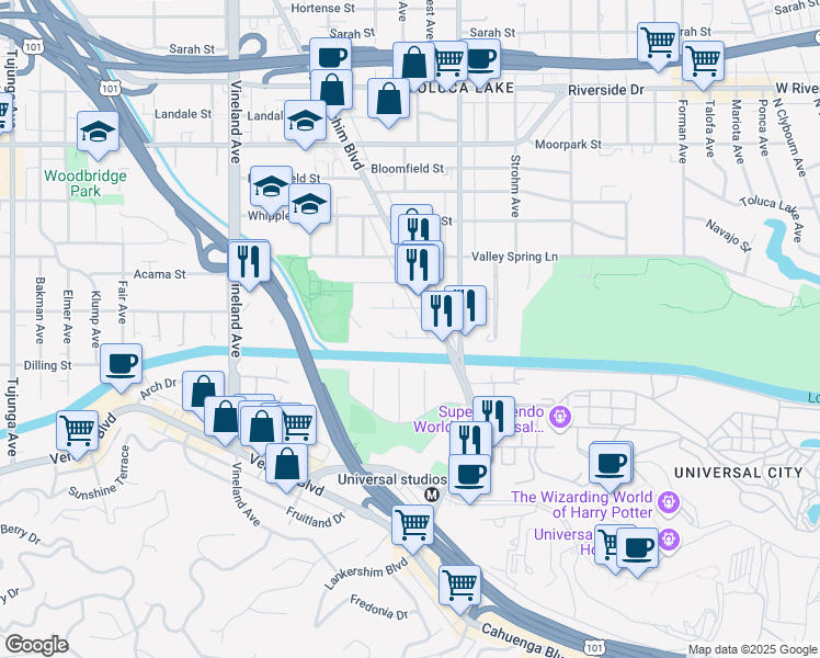 map of restaurants, bars, coffee shops, grocery stores, and more near 10633 Chiquita Street in Los Angeles