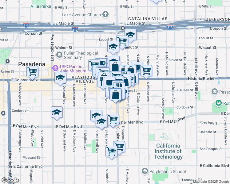 map of restaurants, bars, coffee shops, grocery stores, and more near 89 South Lake Avenue in Pasadena