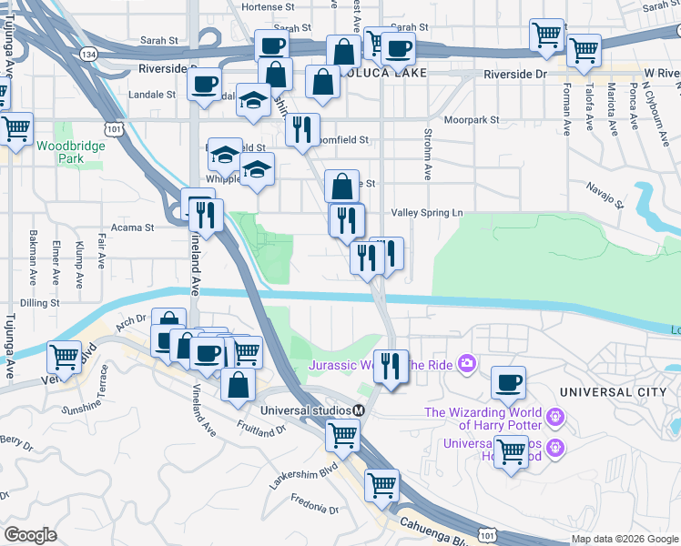 map of restaurants, bars, coffee shops, grocery stores, and more near 10633 Chiquita Street in Los Angeles