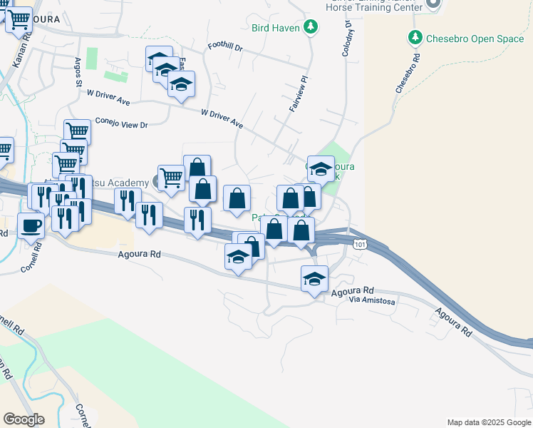 map of restaurants, bars, coffee shops, grocery stores, and more near 5241 Colodny Drive in Agoura Hills