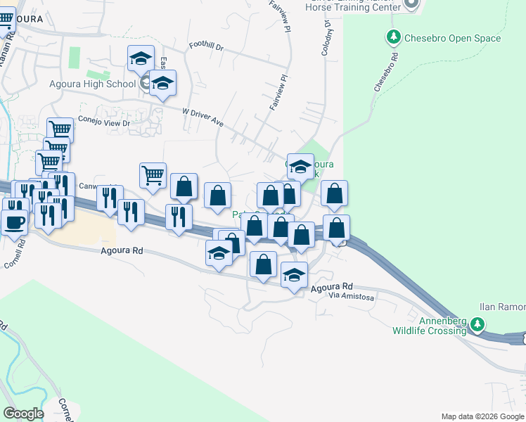 map of restaurants, bars, coffee shops, grocery stores, and more near 5250 Colodny Drive in Agoura Hills
