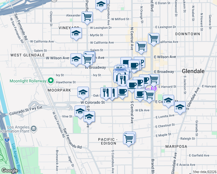 map of restaurants, bars, coffee shops, grocery stores, and more near 409 West Harvard Street in Glendale