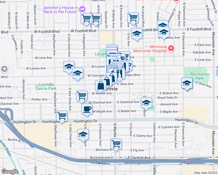 map of restaurants, bars, coffee shops, grocery stores, and more near in Monrovia