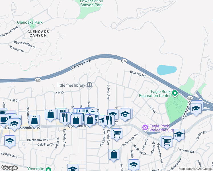map of restaurants, bars, coffee shops, grocery stores, and more near 5343 Loleta Avenue in Los Angeles